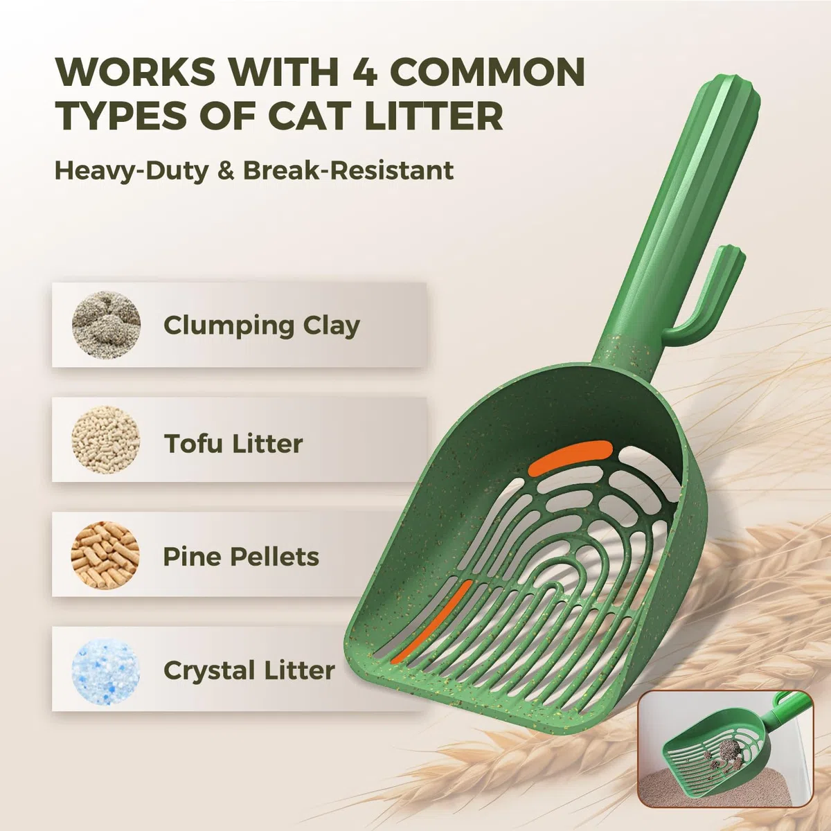 MUTTROS Cuchara de arena para gatos con 2 cucharas compostables reemplazables, pala de arena con soporte para caja de arena, el tamiz para gatos incluye 1 rollo de bolsas de arena para gatos y bolsa