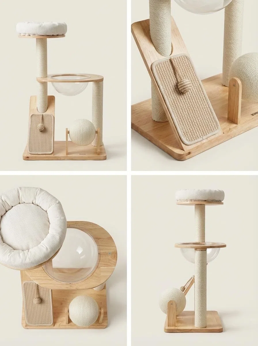 Torre Rascador, Arbol para Gatos, de Madera y Sisal, con Hamaca Transparente, Cama Redonda, Rascador y Bola