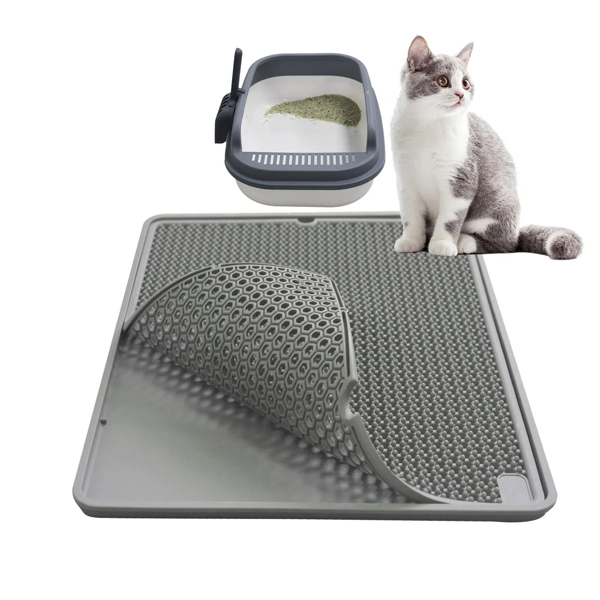 Alfombrilla de silicona para arena de gatos, impermeable, de doble capa, para caja de arena para gatos (gris, 20 x 15 pulgadas)