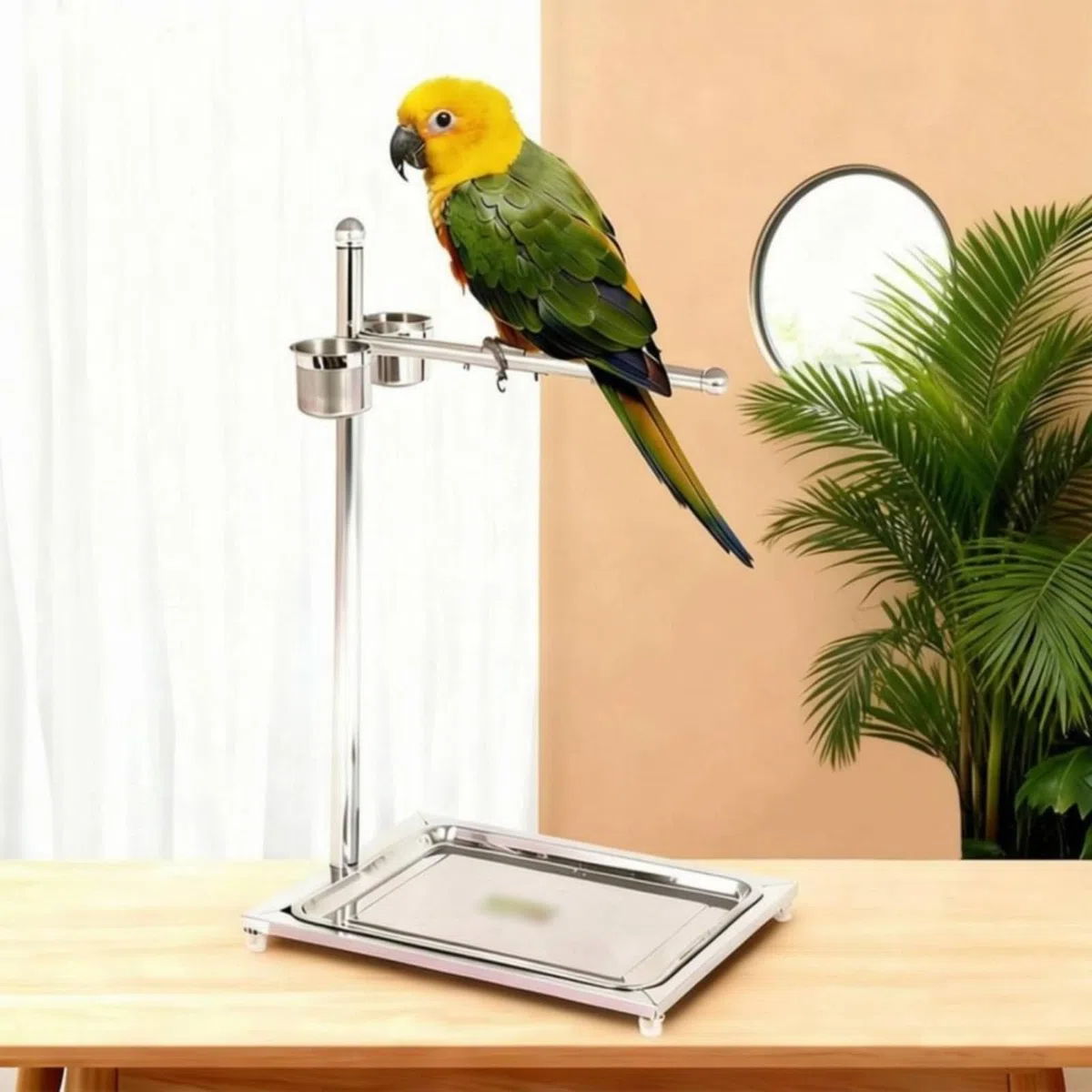 Soporte en Diseño en 7 Bandeja Base Percha Acero con Recipientes Artículo para Aves, Mediano