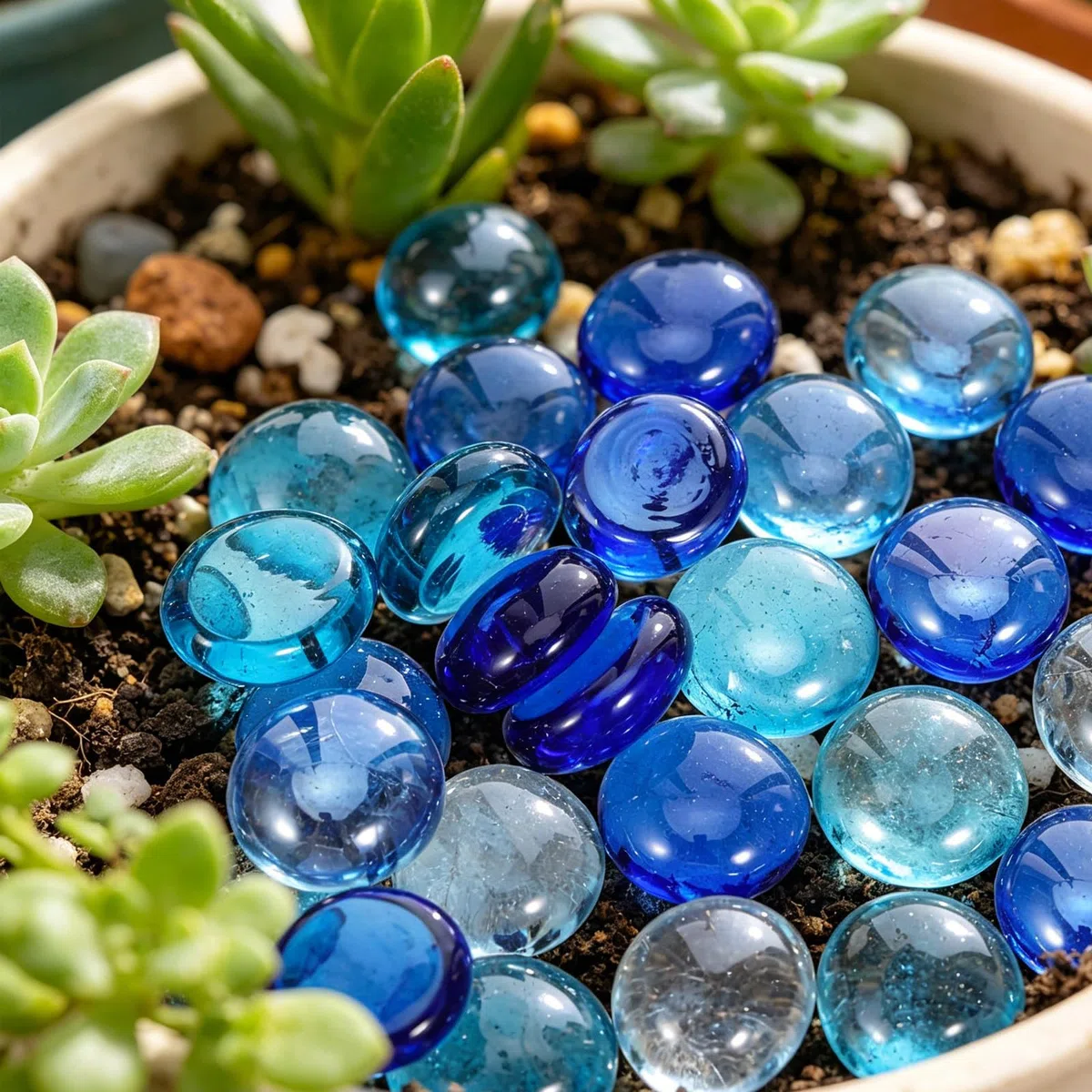 jojofuny Piedras de Vidrio Azul Decorativas para Macetas y Acuarios, Cuentas Planas Redondas de 17-19mm, Paquete de 1.5kg Base Estable y Antideslizante para Decoración