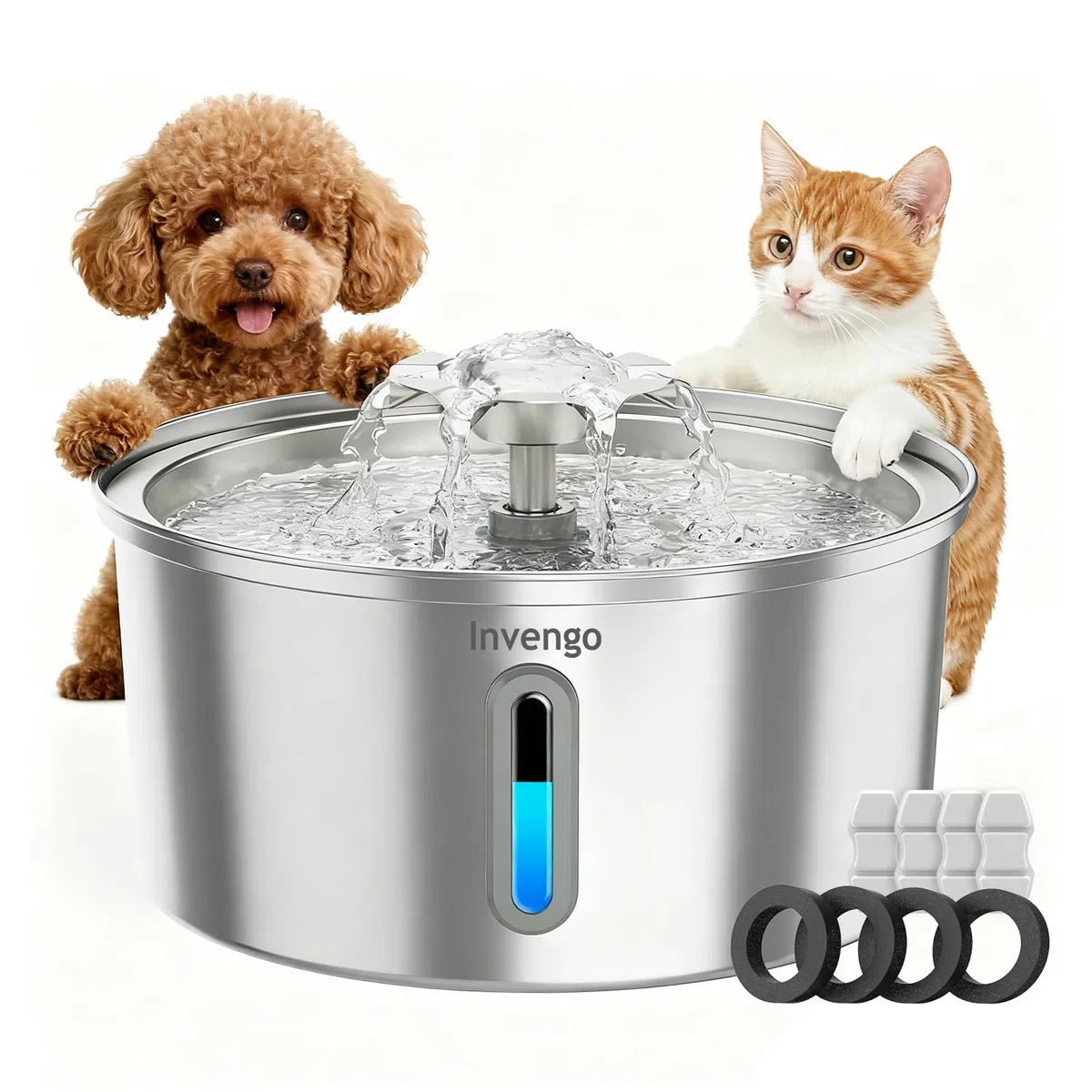 Invengo Fuente para Gatos Acero Inoxidable, 3.2L con Boquilla de Flor, Filtración de 5 Etapas, Ventana de Nivel y Fácil Limpieza - Ideal para Gatos y Perros Pequeños, Incluye 4 Filtros de Repuesto