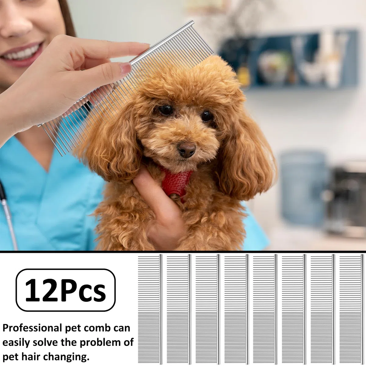 12 peines de acero inoxidable para perros y gatos, herramienta de aseo de metal de 7.48 pulgadas para eliminar nudos, mascotas de pelo largo y corto, incluyendo perros, gatos y otros