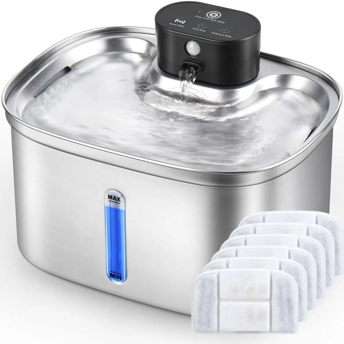 Fuente de Agua automática para Mascotas Acero 5L dispensador automático con batería 5000mAh 3 Modos Flujo Bomba Ultra silenciosa y 6 filtros Repuesto Gatos Perros