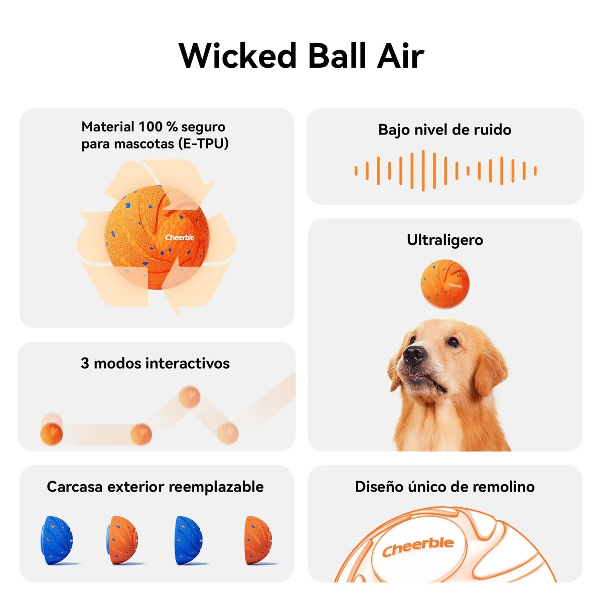 Cheerble Wicked Ball Air - Pelota Interactiva Perro, Automática Juegos para Perros, Juguete Inteligente con 3 Modos Recargable, Regalo de Cumpleaños para Perros Medianos y Grandes - Naranja