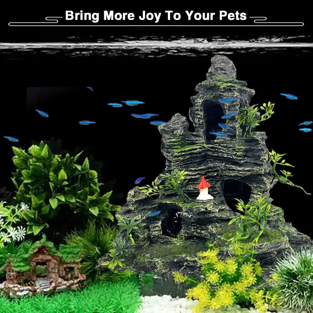 Decoraciones de acuario grandes y altas, decoraciones de acuario grandes para decoraciones de peceras, adornos de pecera, adornos de piedra con vista a la montaña, adorno de árbol, cueva de