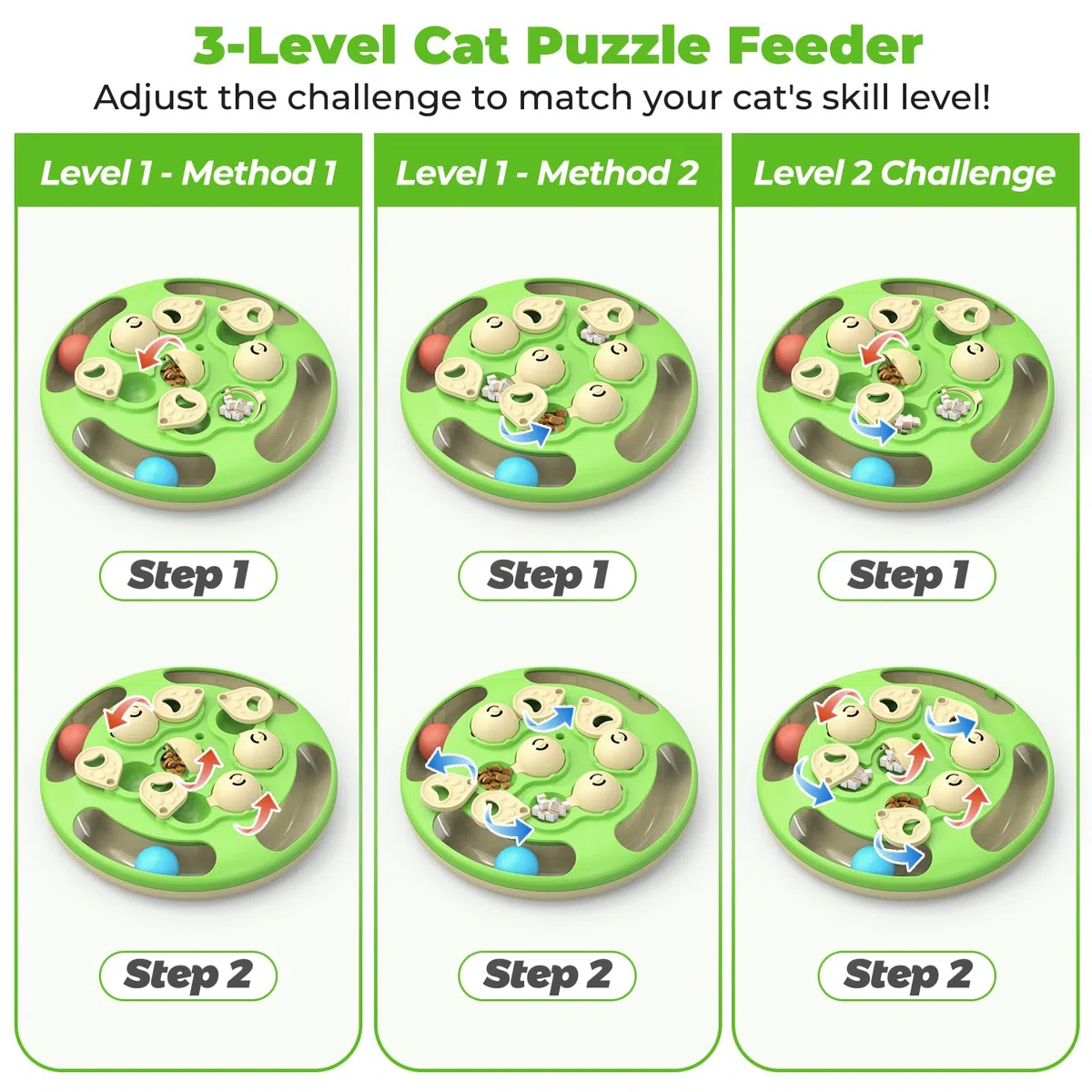 Juguete interactivo para gatos nivel 3 en 1 con bolas de seguimiento de pluma y alimentador | Base antideslizante | Enriquecimiento mental para gatos de interior | Regalo para gatitos, verde