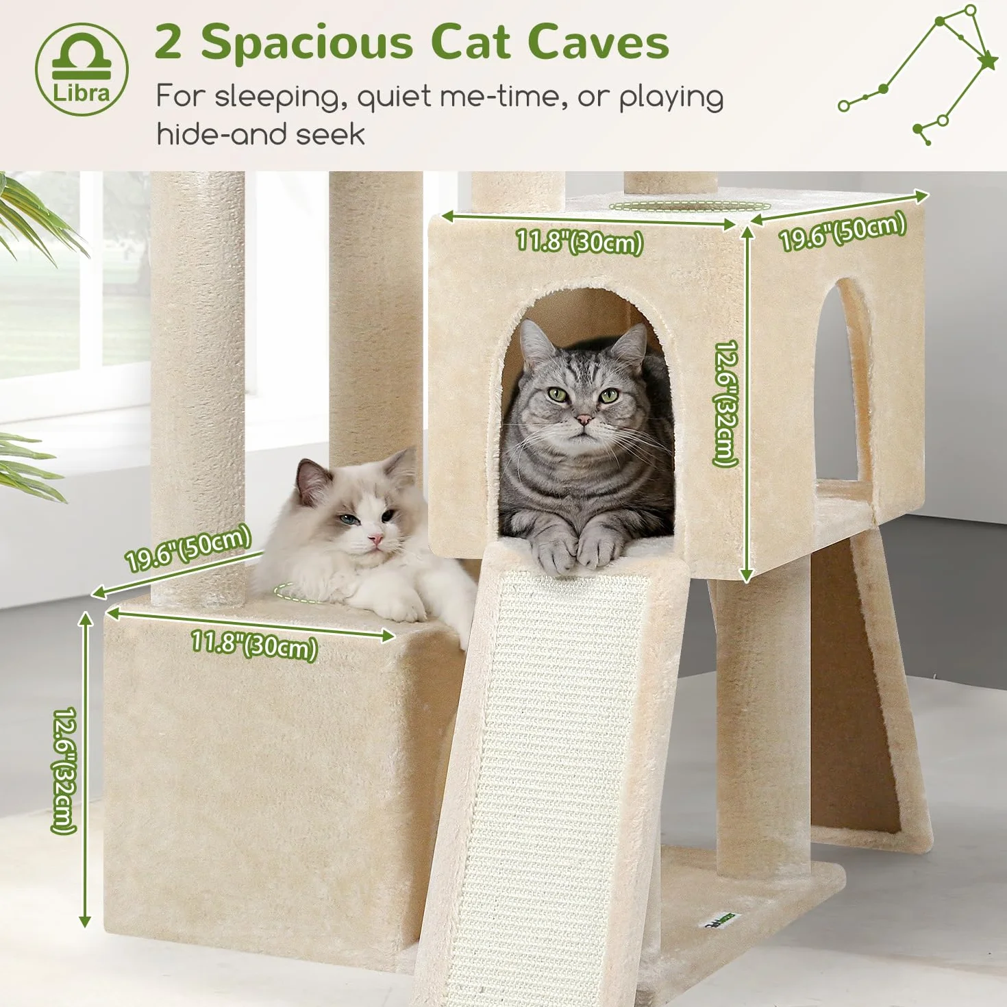 Globlazer Árbol Rascador Beige XXL Alto 200 cm con 2 Grandes Nidos, 2 Grande Plataformas, 2 Tabla Rascar Sisal, 2 Cesta, Estable Árbol Torre para Grande Gato 3-5 Adulto Gatos Más de 7 kg (Z78, Beige)