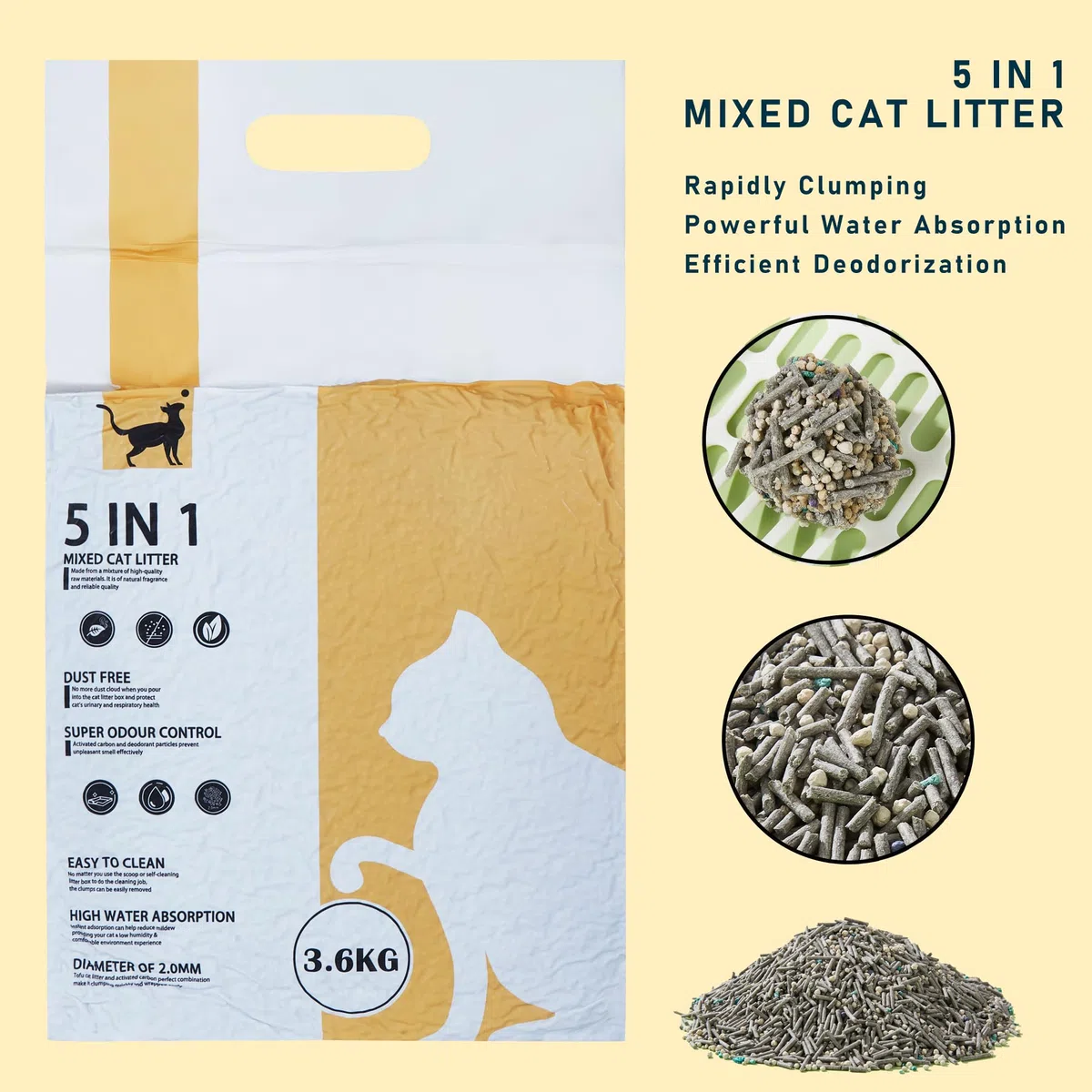 Suhaco Arena para gatos 5 en 1 mezclada, sin polvo, natural, desechable, sin olor, carbón activado, ultra absorbente y de secado rápido, 3,6 kg/paquete (paquete de 4)