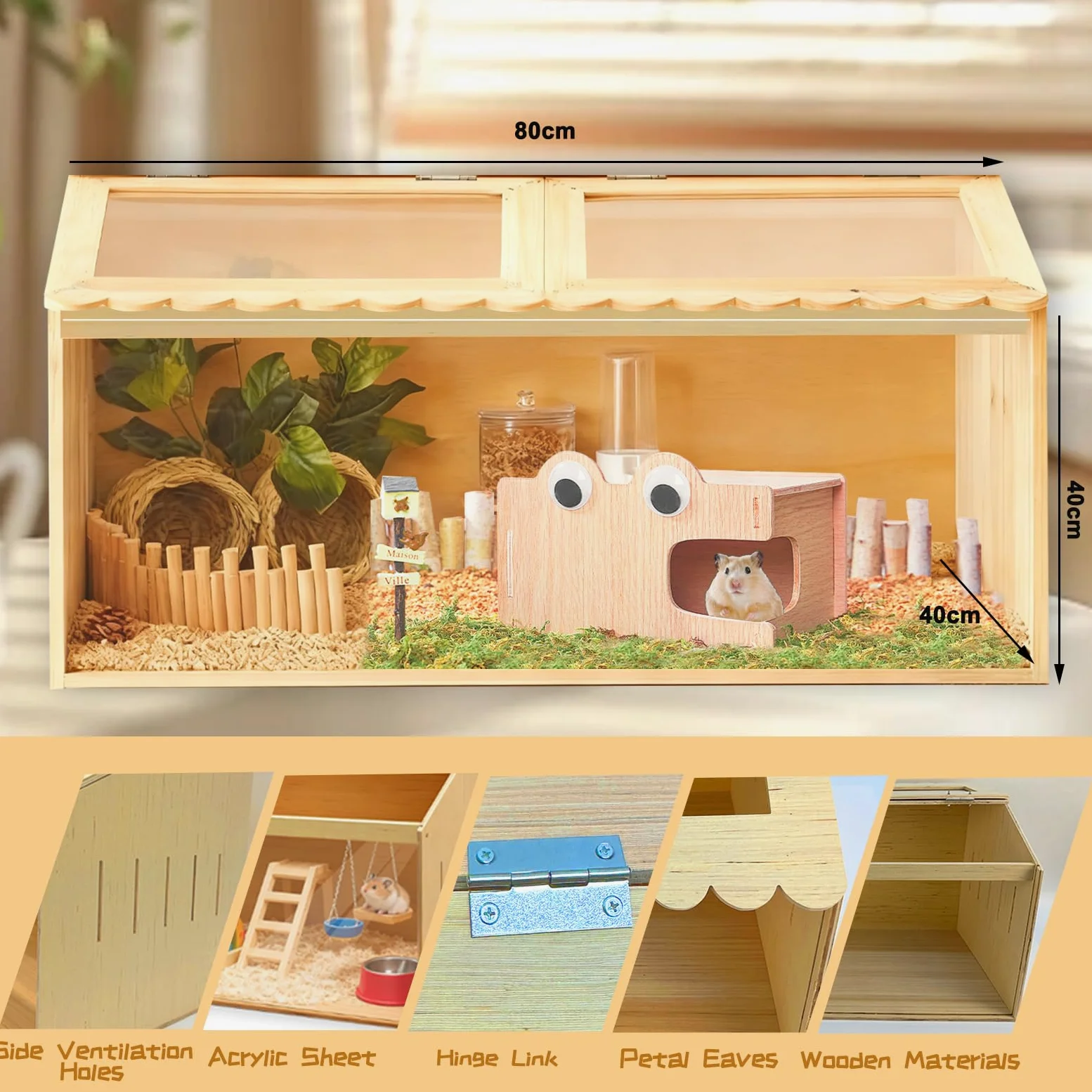 Jaula para hámster, 80 x 40 x 40 cm, de madera, con ventana transparente de acrílico, orificios de ventilación en el lateral, adecuada para animales pequeños, hámsteres, conejos