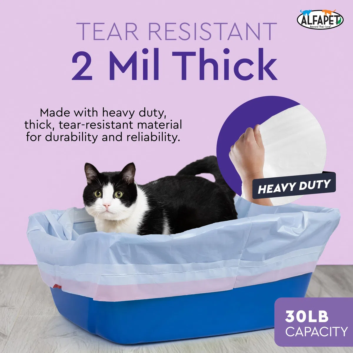 Alfapet Forros para caja de arena para gatos, extragrandes, 30 bolsas de plástico resistente de 2 mil de grosor, forro inteligente con cordón para una fácil eliminación, parte inferior plana para una
