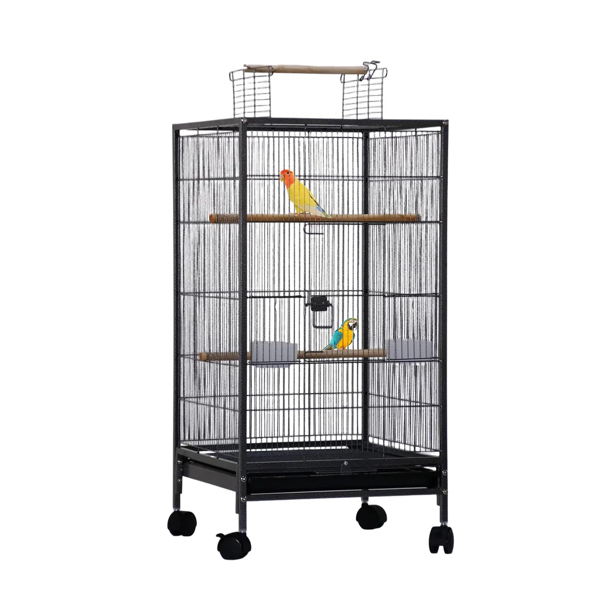 Garvee Jaula para Pájaros Grande con Soporte Elevado y Ruedas, Pajarera de Acero al Carbono para Canarios, Periquitos y Agapornis, Incluye Bandeja Extraíble y Comederos, 45,5x45,5x100,5cm, Color Negro