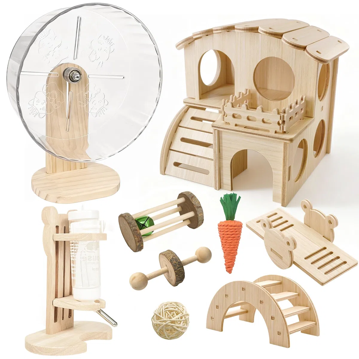 Juego de accesorios para jaula de hámster, rueda de ejercicio silenciosa, escondite de madera laberinto, botella de agua con soporte, juguetes masticables y plataforma interactiva para hámsters