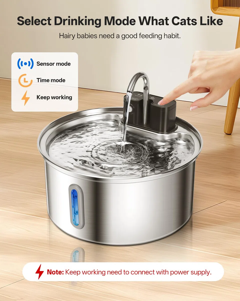 Fuente Para Gatos Inalámbrica Con Sensor De Movimiento Y Batería De 45 Días, Acero Inoxidable, 3.2 Litros, Incluye Filtro