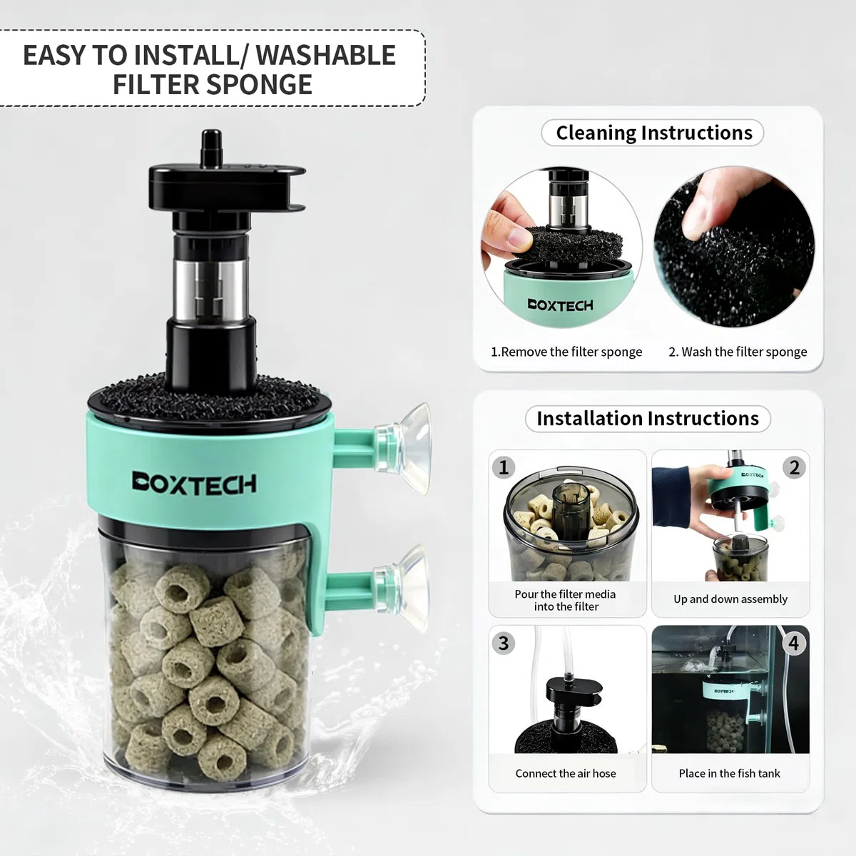 UPETTOOLS Filtro de acuario, pequeño filtro sumergible para peceras con piedra de burbujas de aire integrada y bolas biológicas, adecuado para peceras de hasta 5-10 galones (bomba de aire no incluida)