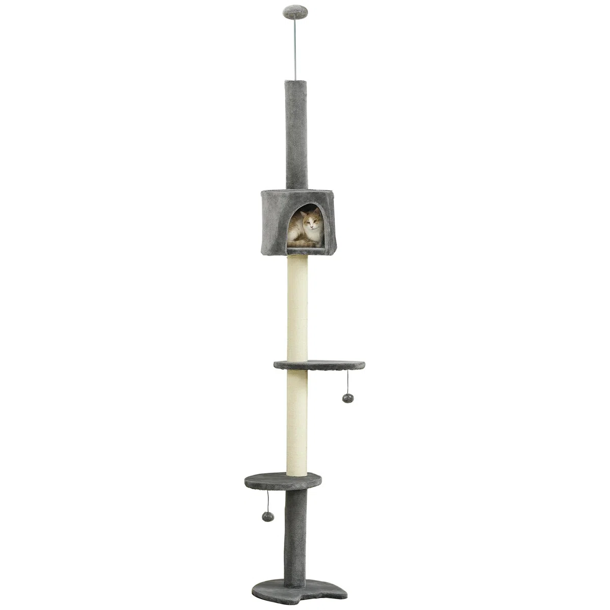 PawHut Árbol Rascador para Gatos para Techo con Cueva 255 cm Gris Claro