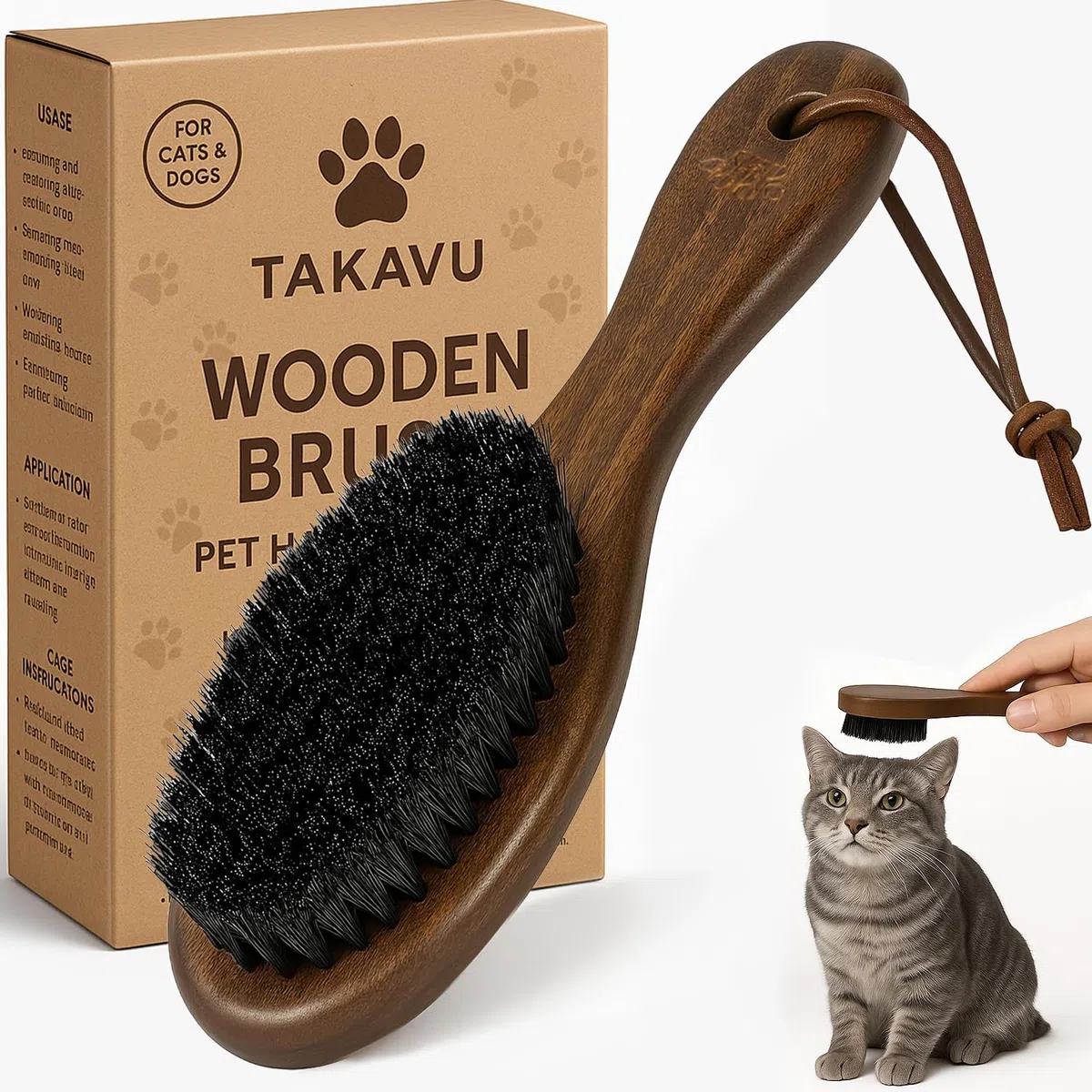 Cepillo para gatos y perros con cerdas de jabalí y mango de madera (cerdas de jabalí negras)