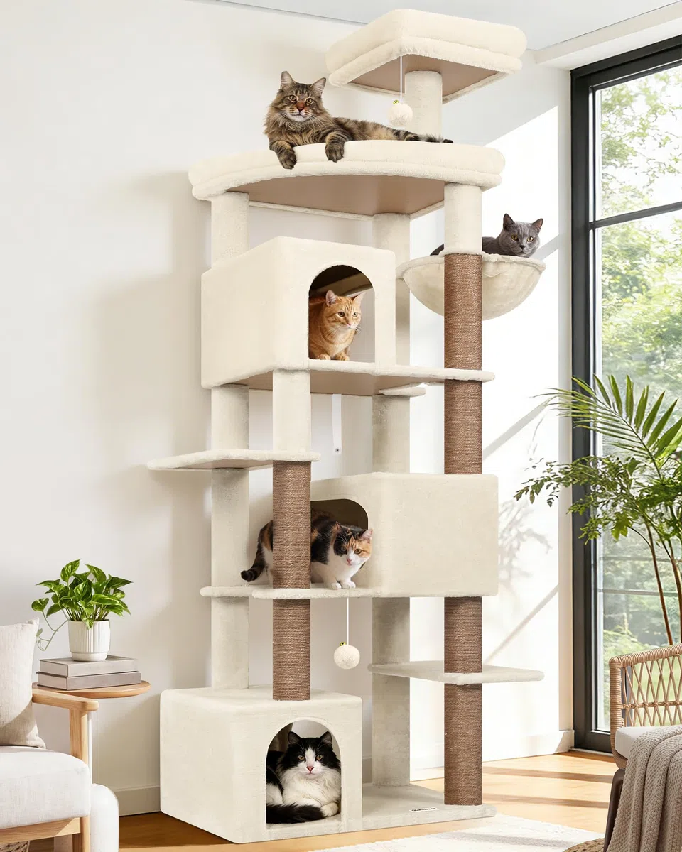 Globlazer Árbol Rascador para Gatos Beige XXL 203 cm Alto con 3 Grande Nidos 45*30*30CM, Extragrande Plataforma, Cesta, Juguetes, Estable Rascador para 4-6 Gatos Adultos Jugar Interior (S80, Beige)
