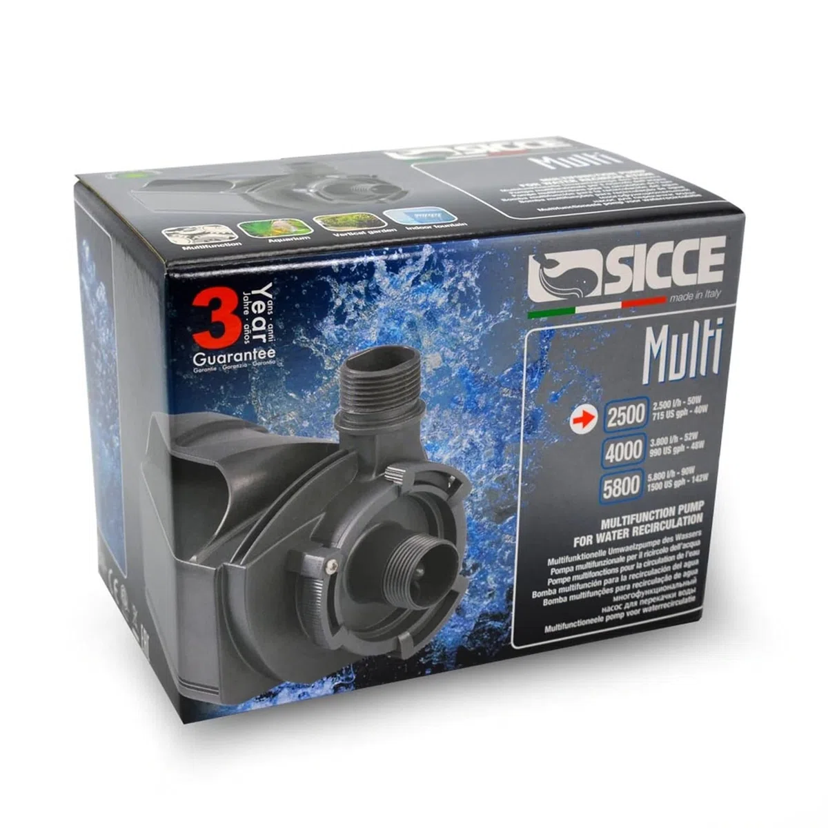Bomba de agua sumergible Sicce Multi Quiet 2500, 715 GPH, caudal ajustable para acuarios, estanques, jardín acuático y hidropónicos