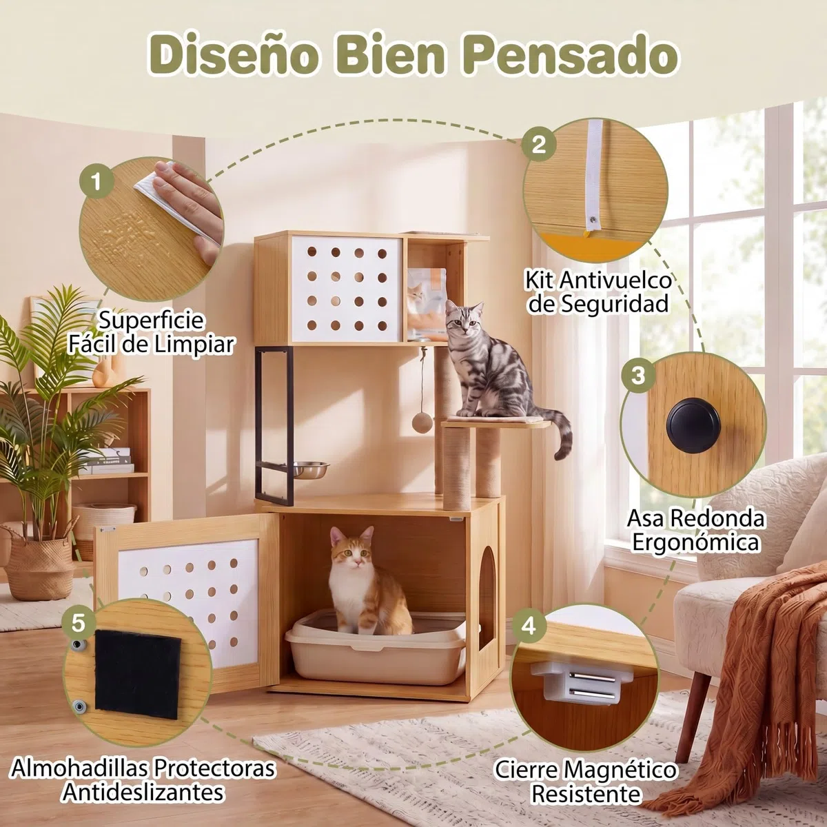 GOPLUS Árbol Rascador para Gatos de Múltiples Niveles, Altura 117,5 cm, Torre para Gatos con Recinto para Caja de Arena, Postes Rascadores de Sisal, Condo, Alimentación y Bola Colgante (Natural)