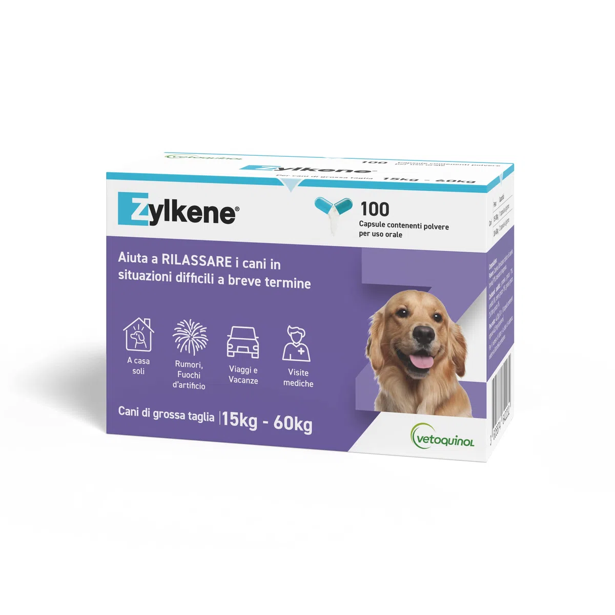 Zylkene Pienso Complementario | Perros de más de 15 kg | Relajante para situaciones incómodas | 100 Cápsulas de 450 MG