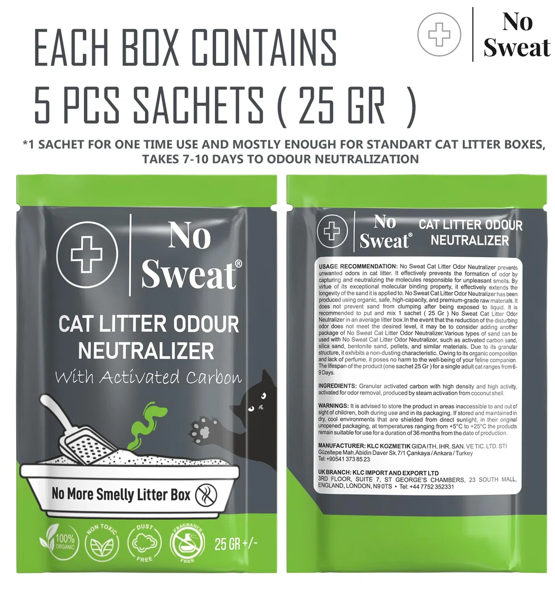No Sweat Neutralizador de olores de carbón activado para gatos, hecho de cáscara de coco, todo natural, sin productos químicos, ingredientes tóxicos, sin perfume, apto para el planeta, desechable, 5
