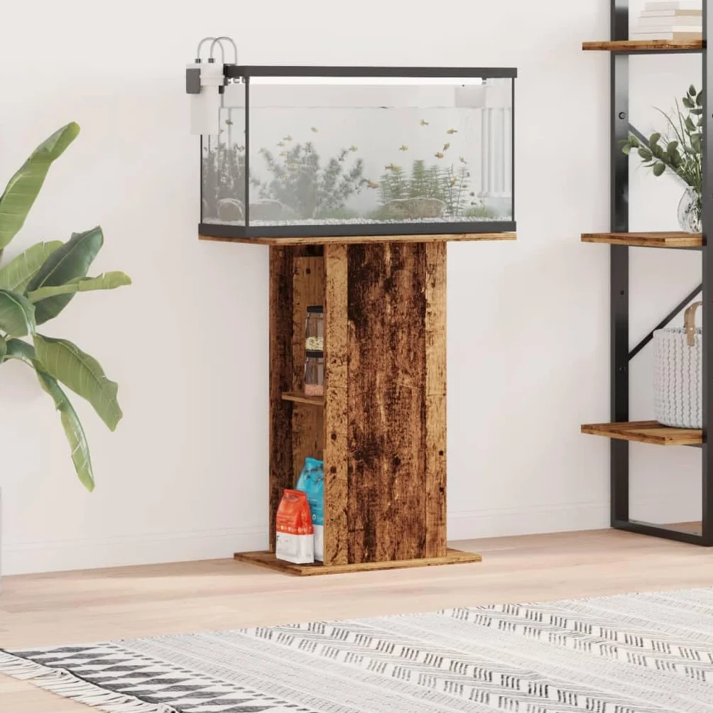Armario para acuario con aspecto de madera vieja, 36 x 60,5 x 72,5 cm, material de madera, soporte para acuario con compartimentos, espacio para comida para peces, soporte para salón y