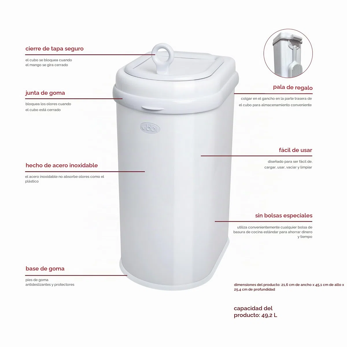Ubbi Cubo de residuos para mascotas, sistema de eliminación de arena para gatos, bloqueo de olores, color blanco