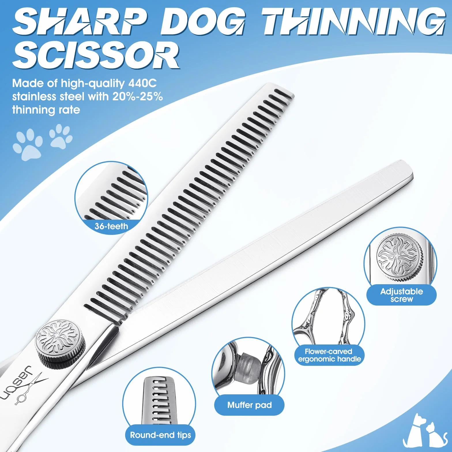 JASON Juego de tijeras profesionales para perros, 6 en 1, juego de tijeras rectas/curvadas/chunker y peine para perros, gatos, mascotas, con tornillo ajustable, color plateado
