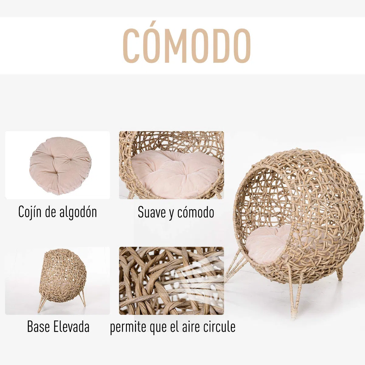 PawHut Cama Cueva de Ratán para Gatos Base Trípode Φ52x58 cm Madera Natural | Mascotas Pequeñas, Cojín de Felpa y Algodón Suave, Diseño Elevado, Estable
