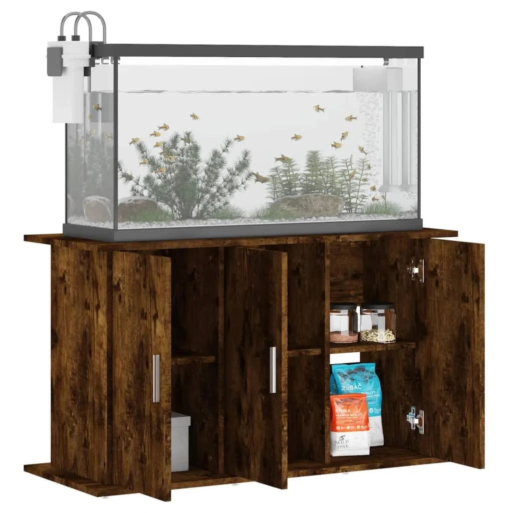Soporte para acuario, armario bajo de madera en roble ahumado, 101 x 41 x 58 cm, estantería con 6 compartimentos y puertas, armario estable para acuario, terrario y almacenamiento