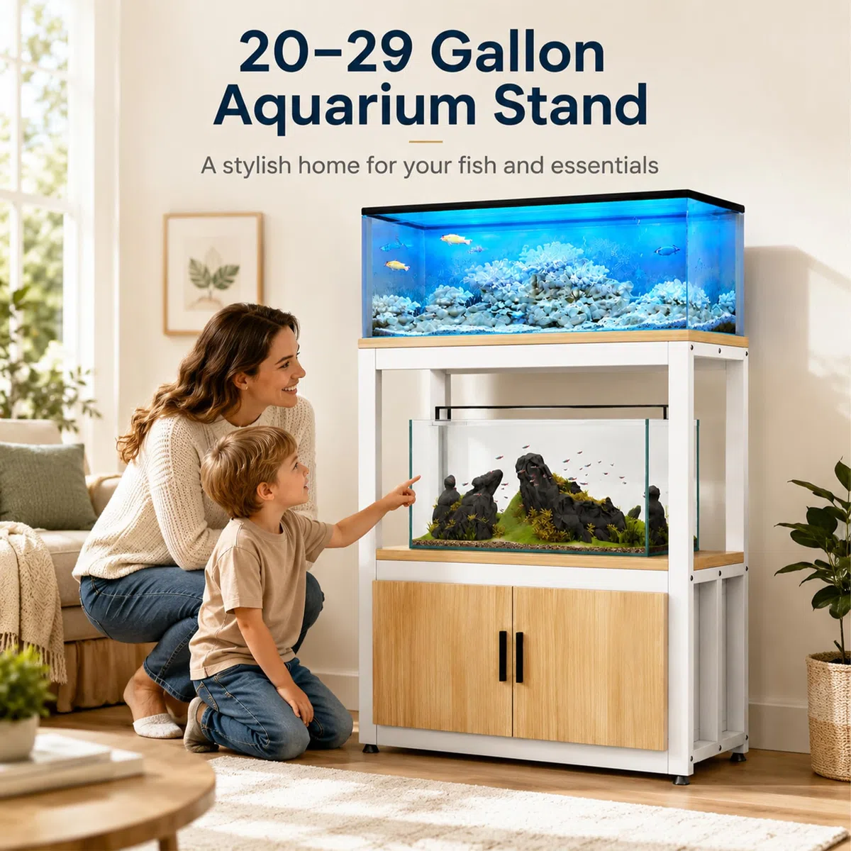 JSWHYBD Mueble para Acuario 76L ~ 110L, Soporte Robusto con Gabinete | Mesa de Doble Nivel para Terrario, Tortugas y Vivario, Salón, Oficina o Dormitorio(B)