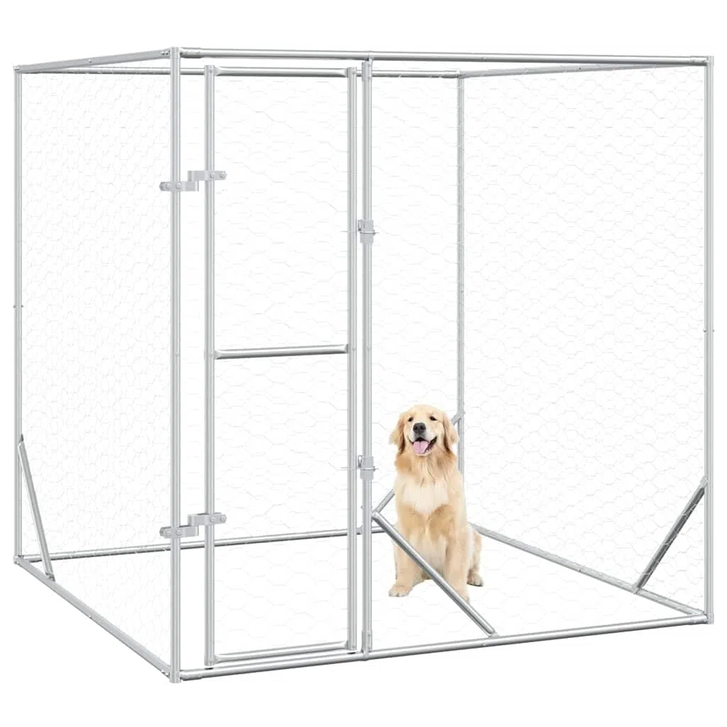 Perrera para perros al aire libre de acero galvanizado plateado 2 x 2 x 2 m con puerta con cerradura, protección segura para perros, cachorros y animales pequeños en el jardín y camping