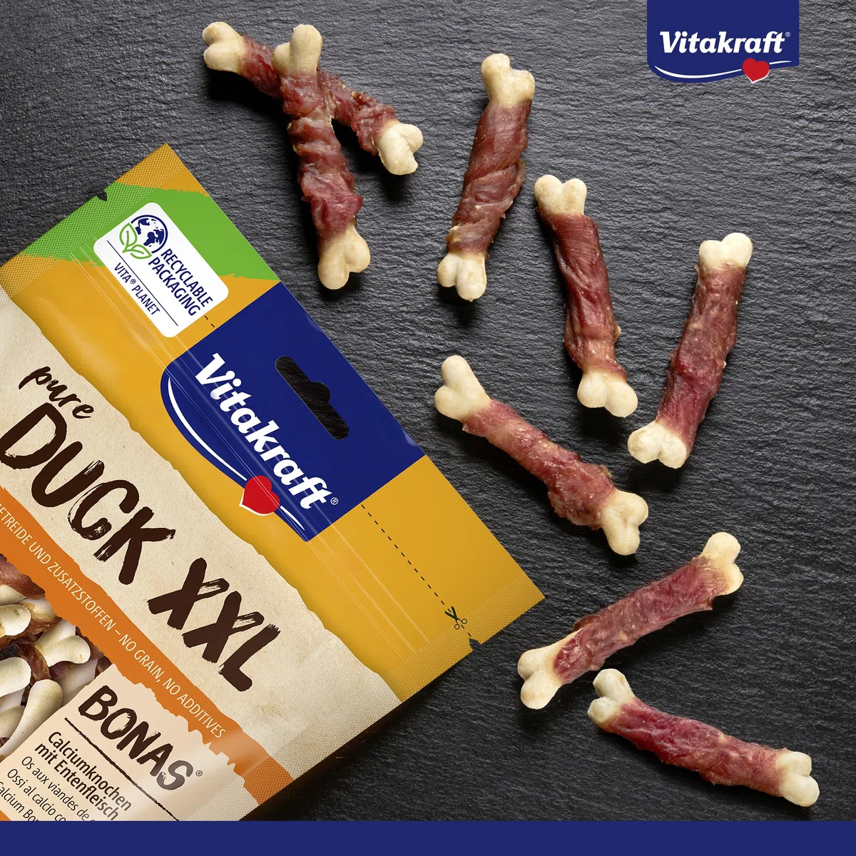 Vitakraft Pure Duck XXL Bonas, golosinas para perros, huesos de calcio con carne de pato, golosinas de adiestramiento para perros, sin azúcar añadido (8x 200g)