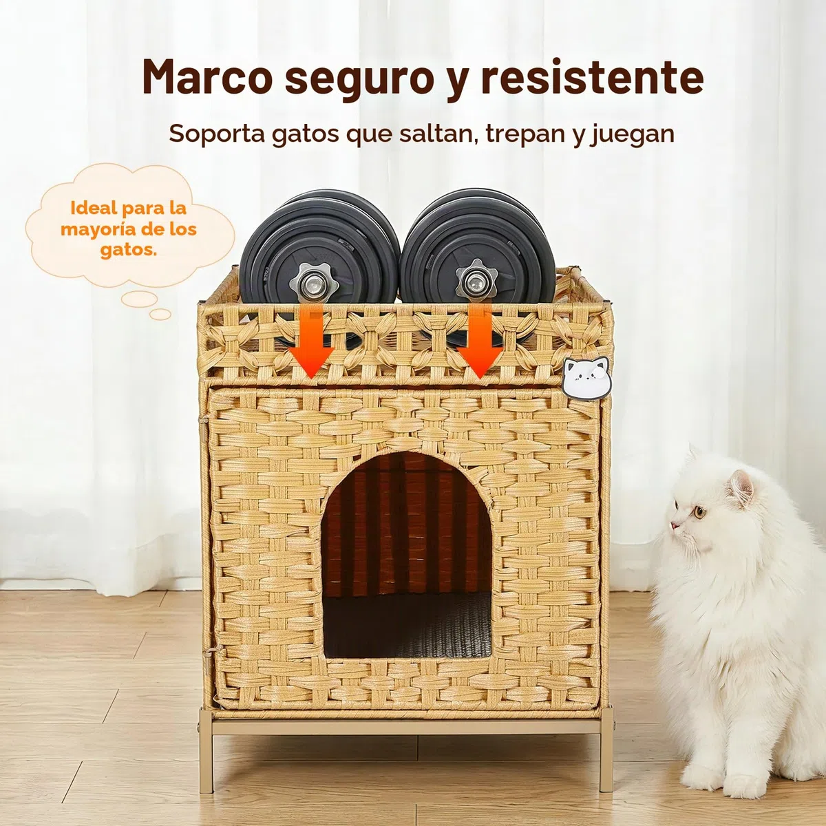 Caja De Arena para Gatos, Casa para Gatos Tejida A Mano En PE RattáN con Alfombra Y Ganchos S, Mueble De Caja De Arena Oculta para Sala, Dormitorio Y BalcóN, 47X52X59 Cm, Natural