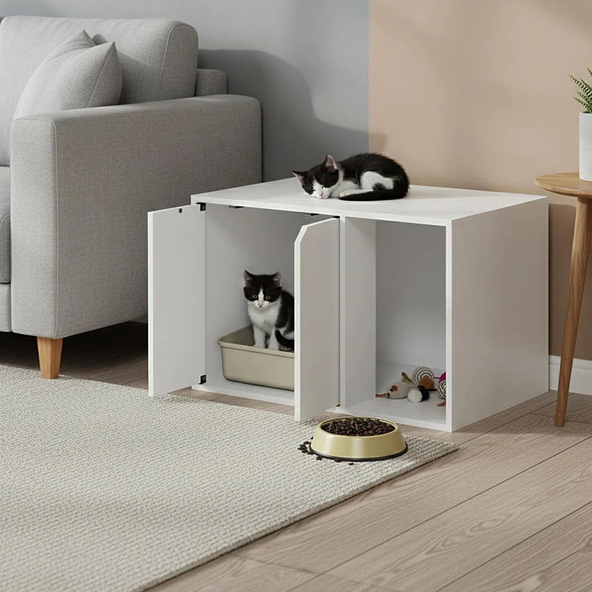 Furinno Peli - Mesa auxiliar pequeña con caja de arena, color blanco