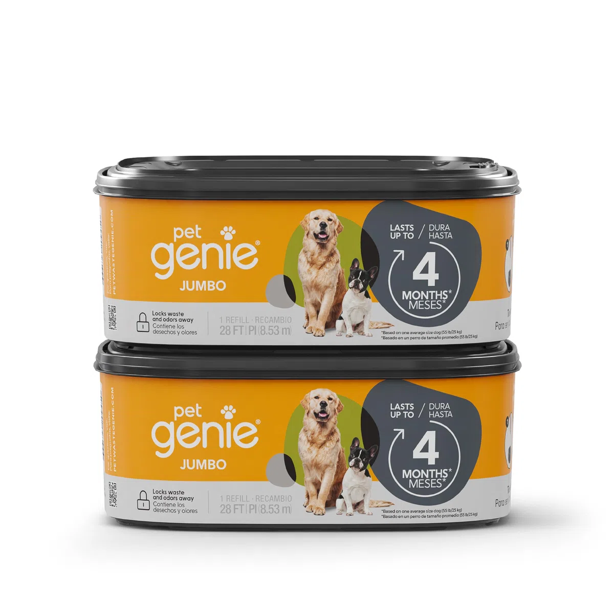 Pet Genie Paquete de 2 recambios jumbo, hasta 8 meses de suministro, bolsas para excrementos de perro con control de olores definitivo