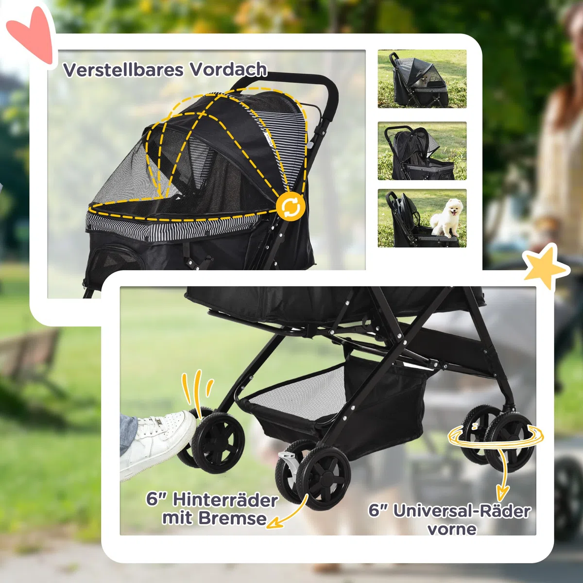 PawHut Cochecito para perros y gatos pequeños, color negro, 76,5 x 52 x 95 cm | Carrito para perros, carrito para mascotas, carrito para mascotas, carrito para gatos, Oxford