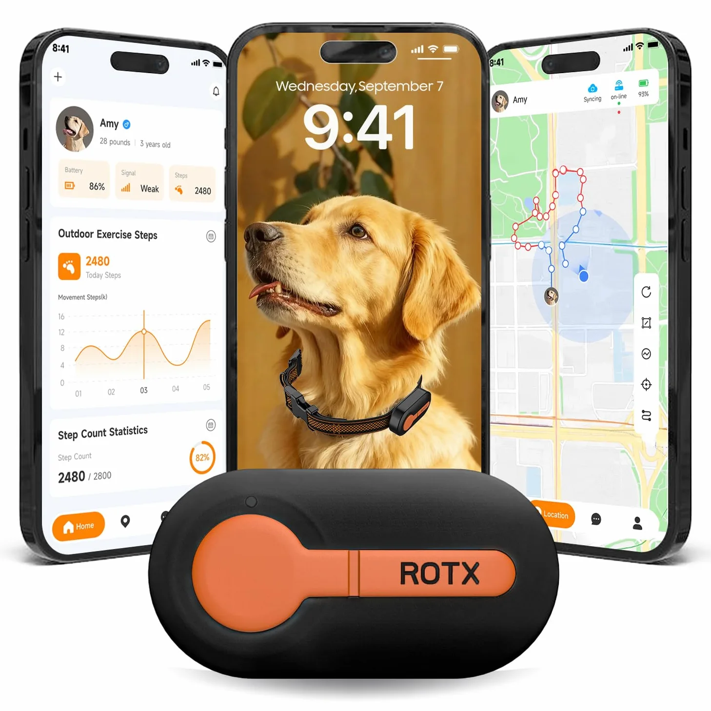 ROTX Rastreador GPS para perros, alerta en tiempo real, ubicación de valla virtual para mascotas de más de 11 libras, collar de perro y gato, accesorio de suscripción de color aleatorio, resistente al
