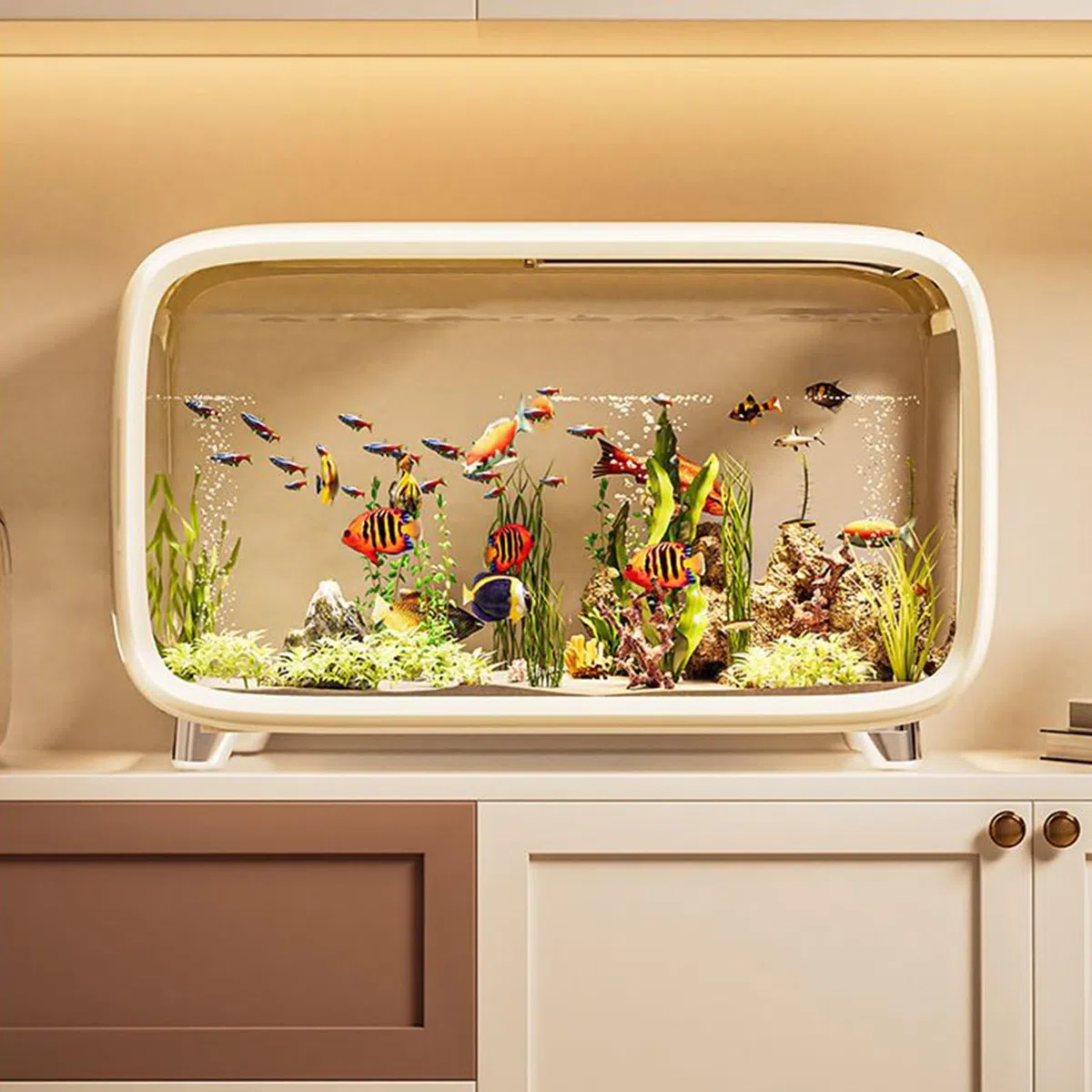 Acuario, pecera, pecera, paisaje, acuario con decoración de escalada