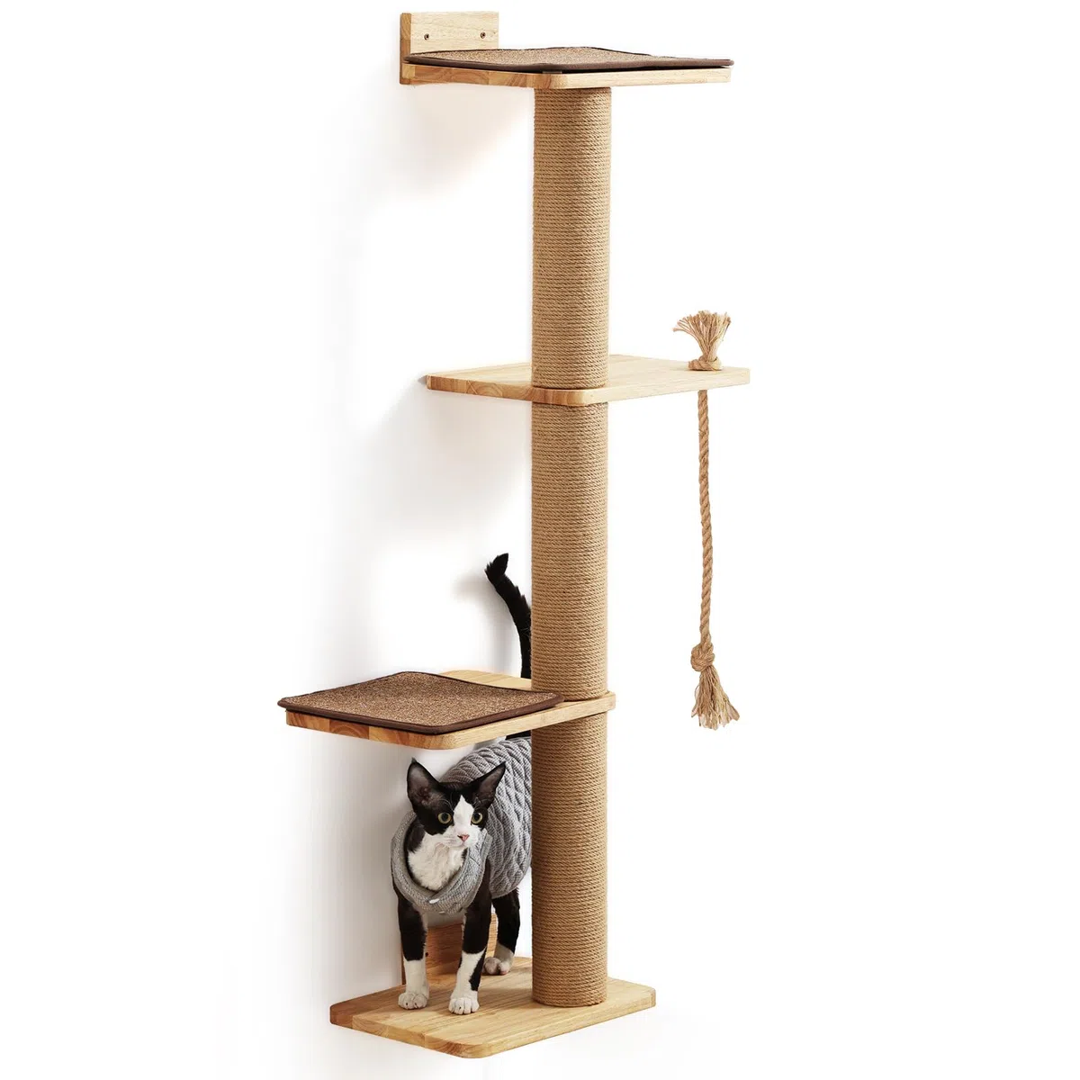 FUKUMARU Árbol para Gatos de 127 cm, Montado en la Pared, Con Cama, Poste Rascador y Colchoneta de Yute, Hecho de Madera de Caucho Sólida Natural, Grande