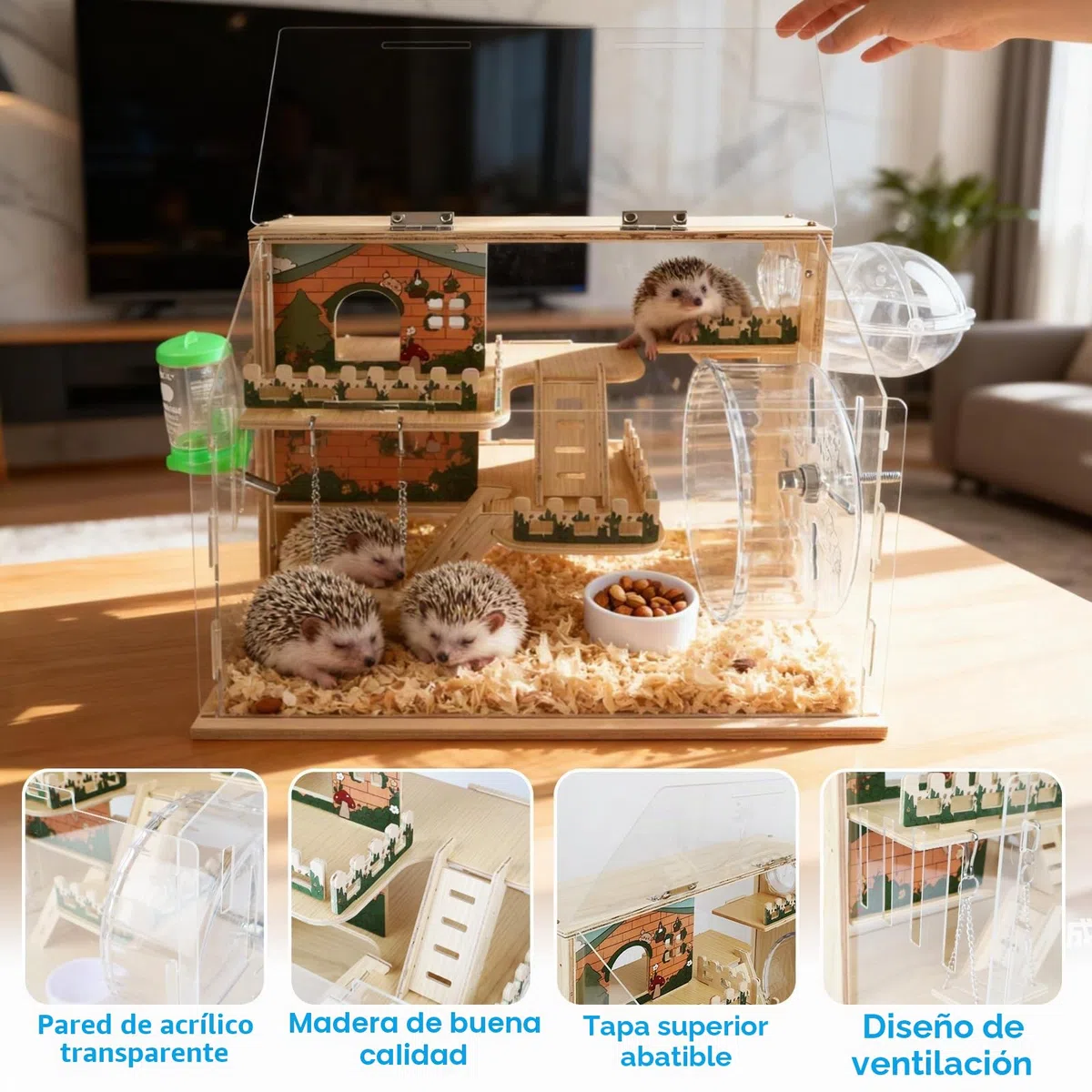Jaula de Madera para Hámster, para Animales Pequeños Jerbos, Ratas | Hábitat para Hámster con Vista de 270°, con Paneles Acrílicos Fácilmente, Una Jaula Para Hámster Bien Ventilada