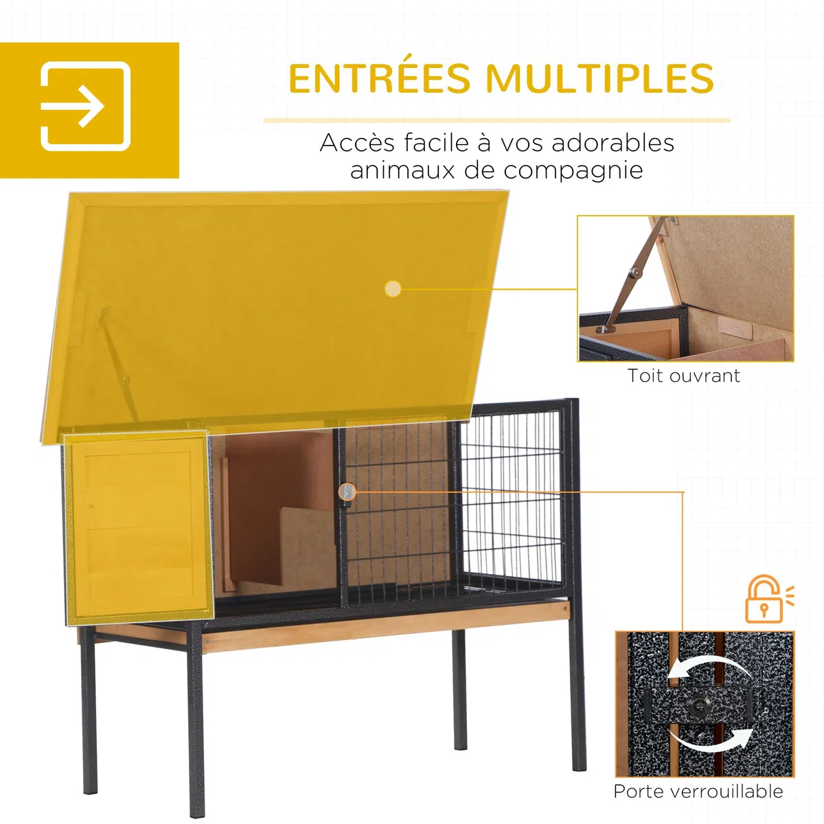 PawHut Jaula para Conejos de Madera sobre Pies, Conejera exterior para roedores, conejillos de Indias con Techo Trabajable - Dom. 91,5 x 45 x 70 cm