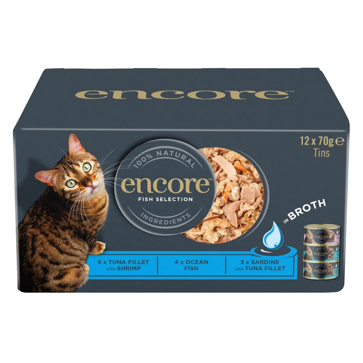 Encore Comida Húmeda Natural Gatos, Multipack de Selección de Pescado en Caldo para Gatos Adultos, Paquete de 48 Latas de 70 g