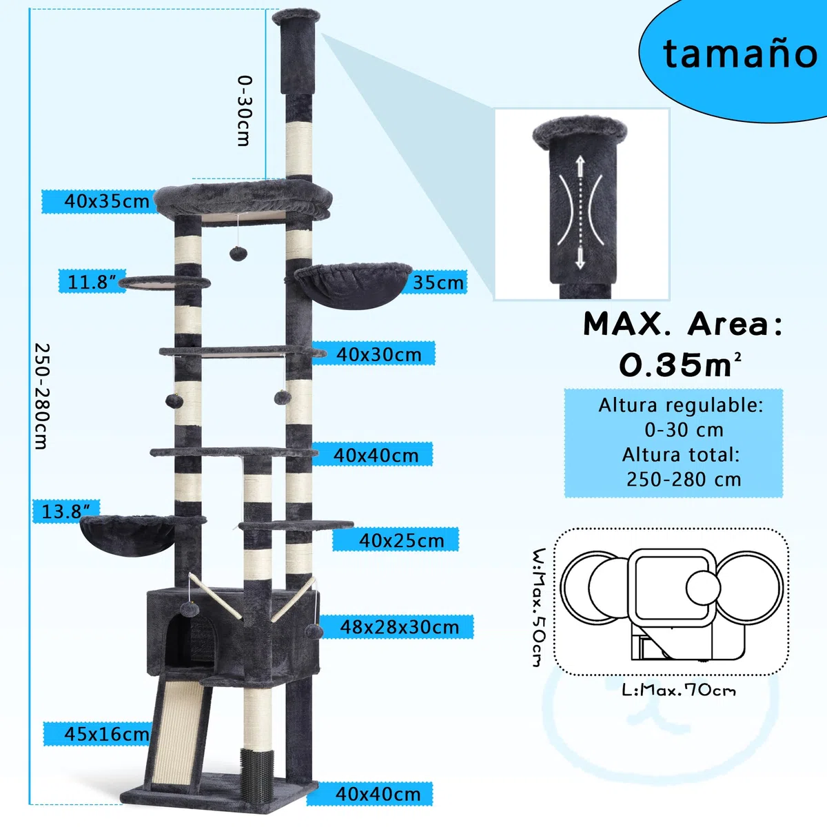 Hey-brother Rascador para Gatos XXL, Altura Ajustable, 250 cm - 280 cm, hasta el Techo, Torre para Gatos Grandes, con Cueva, Color Gris Ahumado 0MPJ091G