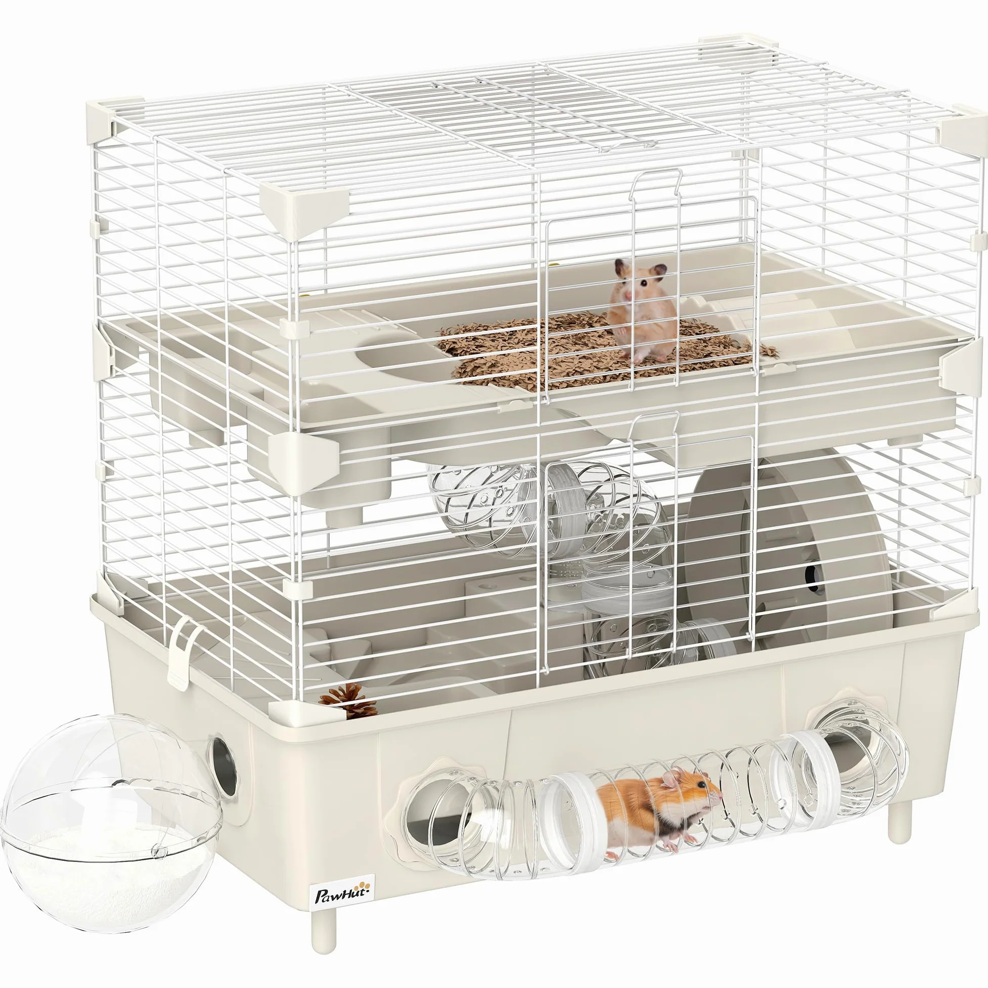 Jaula para hámster PawHut de 2 Niveles y 3 Puertas con Rueda, Caja de Arena y Tubos de Juego, Jaula para Mascotas de Acero, PS y PP, 44,5x28x44 cm, Crema y Blanco | Caja de arena con tubos de juego, jaula para hámster, acero, PS y PP, 44,5 x 28 x 44 cm