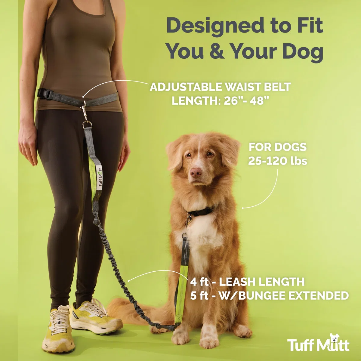 Tuff Mutt Correa de Perro Manos Libres, una Correa para Correr para Perros Que es una Gran Correa de Cintura para pasear Perros, Correa elástica de Doble asa con Costuras Reflectantes y cinturón