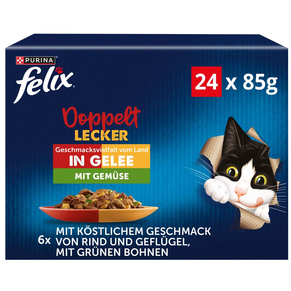 Felix Comida para Gatos Doble Deliciosa húmeda en gelatina, Mezcla de variedades, 4 Unidades (4 x 24 Bolsas de 85 g)