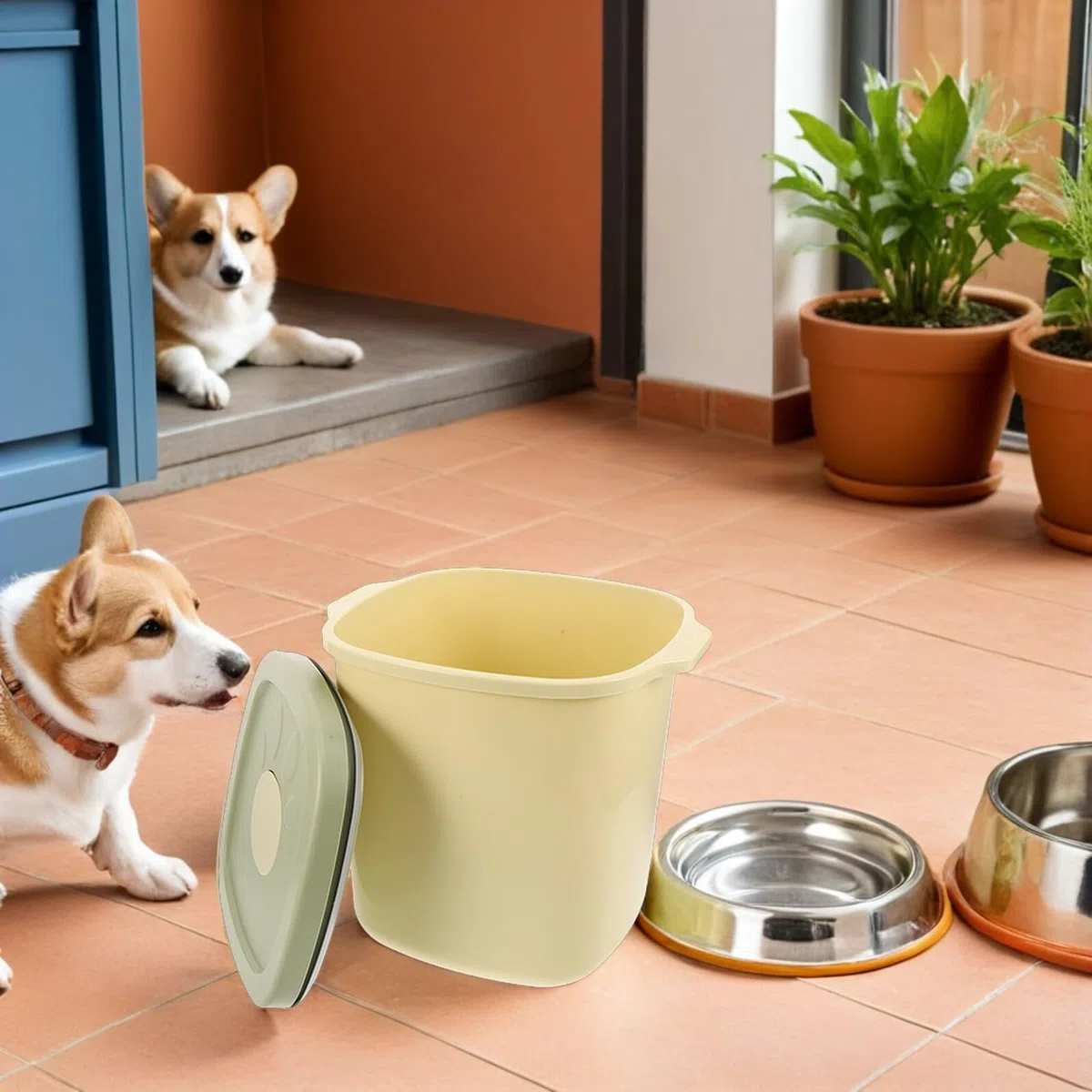 Contenedor Hermético para Almacenar Alimentos para Mascotas Balde Grande de Plástico Amarillo y Verde Tapa Sellada contra Humedad Adecuado para Comida Seca de Perros y Gatos