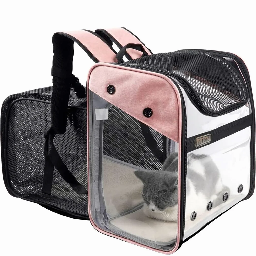 Portador de Mascota Mochila Extensible para Perro Gato 10kg, Bolsa Transporte para Viaje, Transparente Plegable Transpirable y Espaciosa con Cojín de Felpa, Transportín Aprobada por Aerolínea (Rosa)